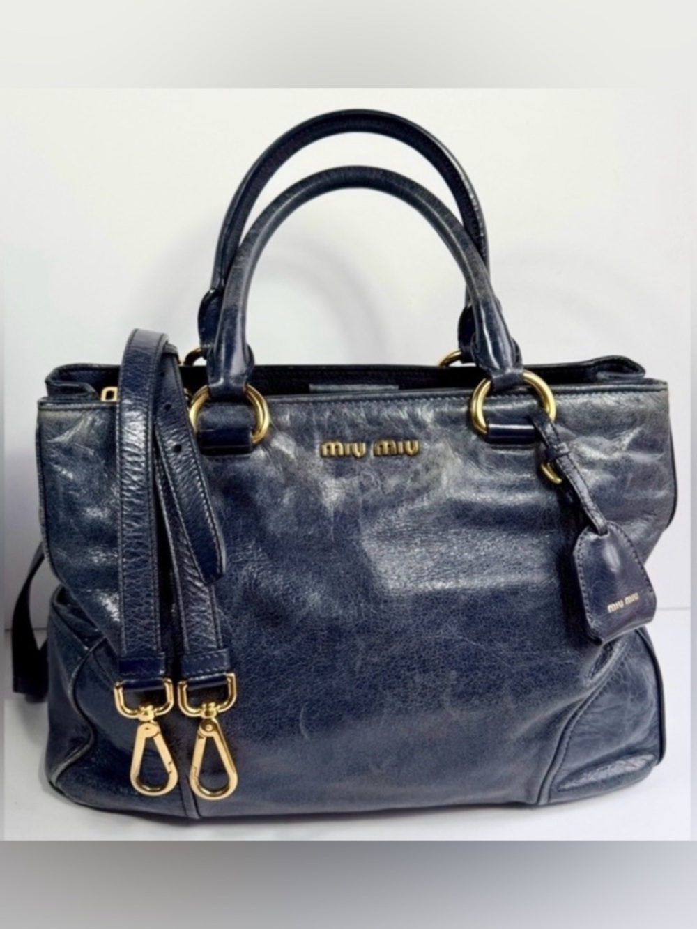 Miu Miu Vitello Lux Navy Leather Satchel Crossbody Bag Gold Hardware